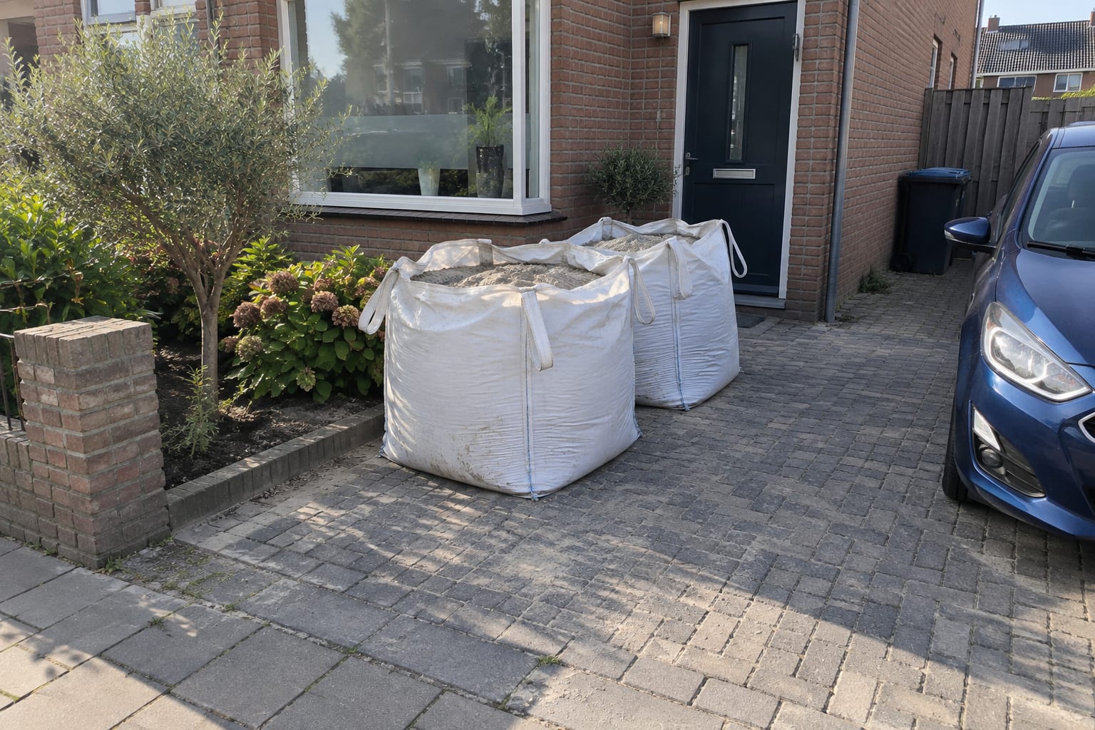 Twee big bags zilverzand op de oprit van een rijtjeshuis, tegen de zijkant gezet