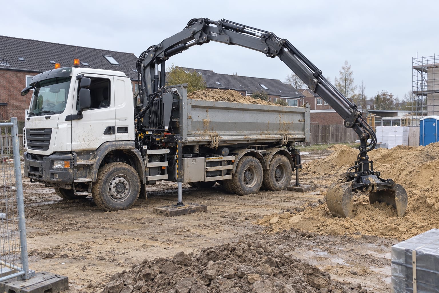 Een knijperauto 6×6 op zijn steunpoten op een bouwkavel, de kraan uitgeklapt boven een hoop zand