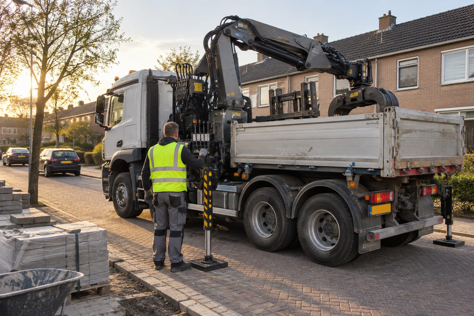 Aan het eind van de klus vouwt de laadkraan zich terug; de chauffeur staat bij de bedieningshendels