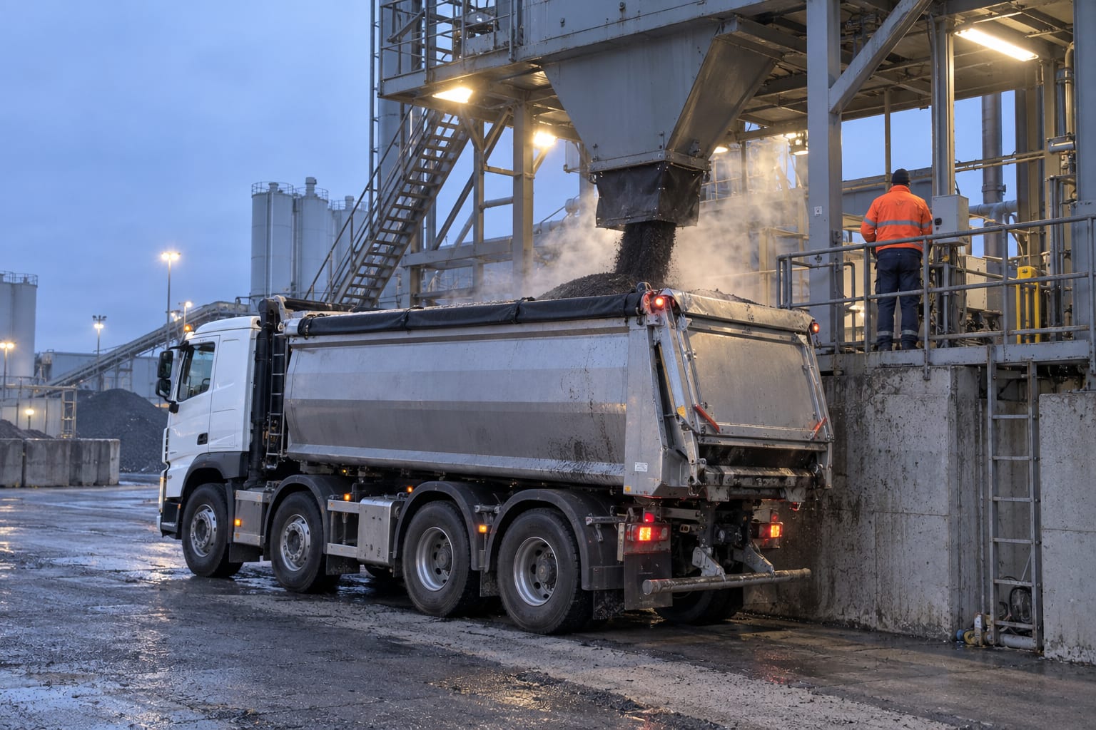 Een geïsoleerde kipper laadt dampend asfalt onder de silo van een asfaltcentrale