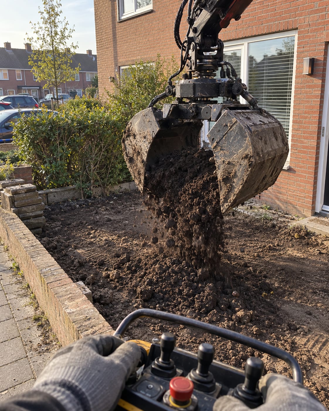De grijper laat verse teelaarde vallen in een afgegraven voortuin