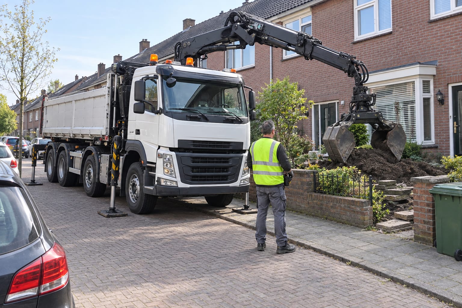 De knijperauto staat op zijn steunpoten in de straat; de grijper neemt grond uit een voortuin