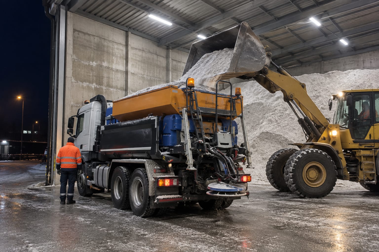 In de zoutloods stort een wiellader strooizout in de strooier op de wagen; de chauffeur staat ernaast
